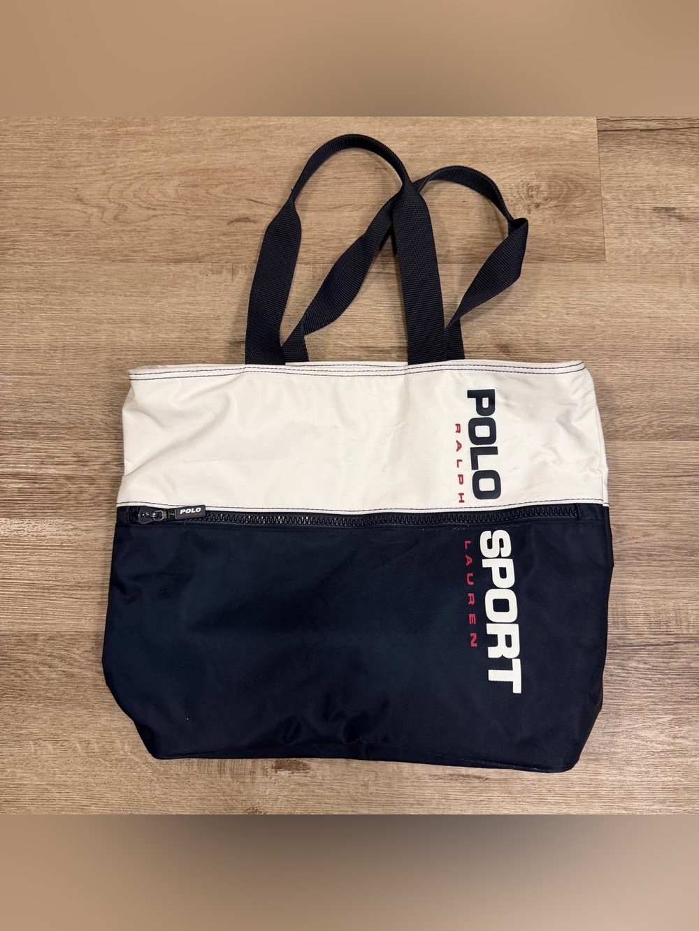 Vintage Polo Ralph Lauren Sport ColorBlock White Navy Tote Bag 14”x17”